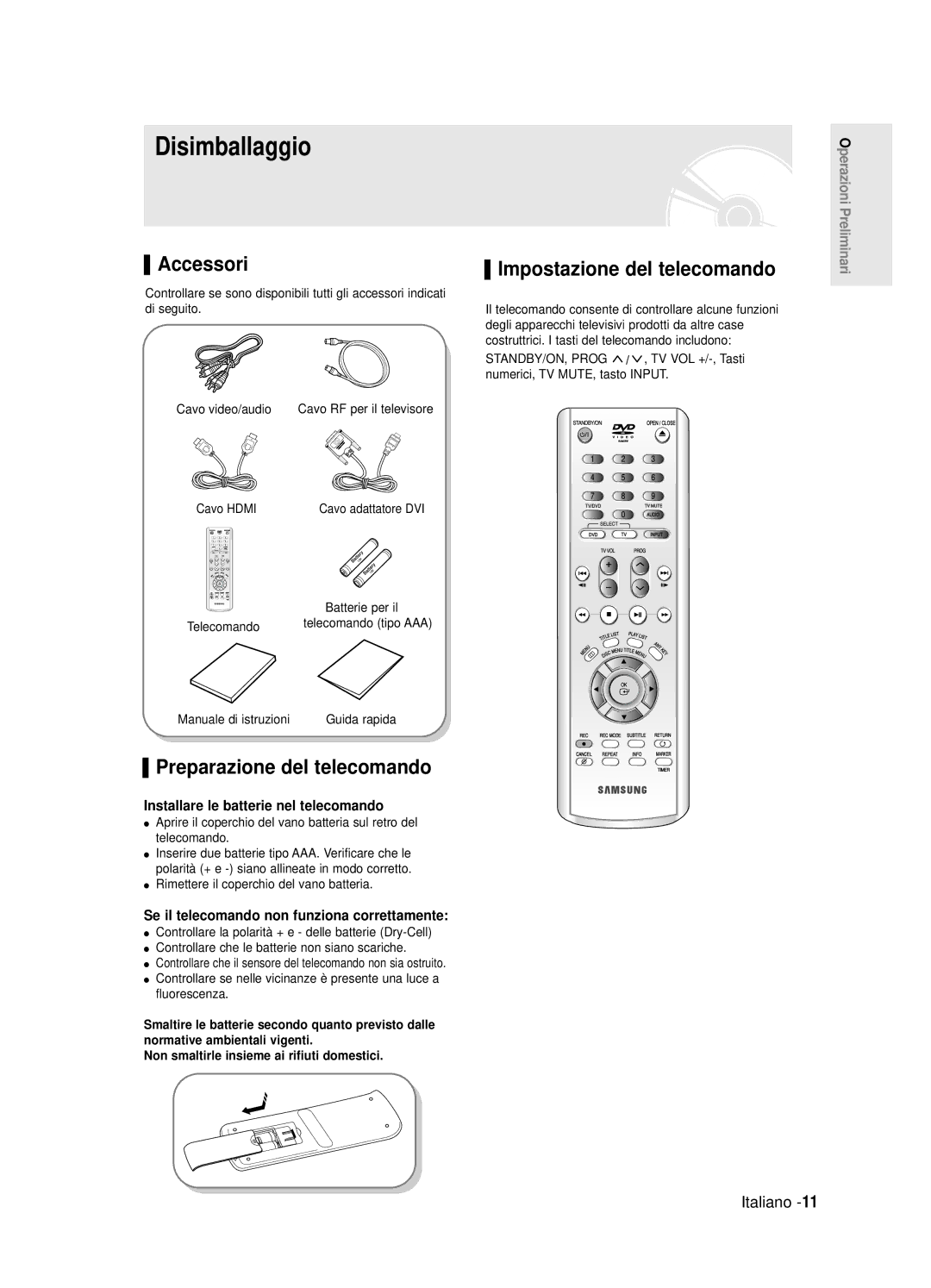 Samsung DVD-R125/XET manual Disimballaggio, Accessori, Preparazione del telecomando, Impostazione del telecomando 