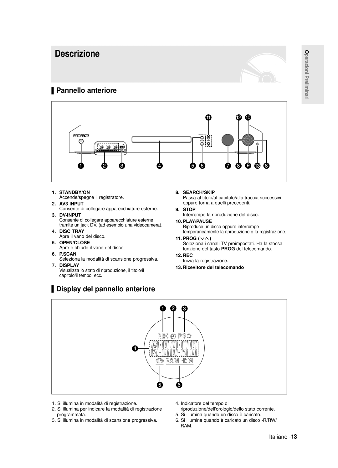 Samsung DVD-R125/XET manual Descrizione, Pannello anteriore, Display del pannello anteriore 