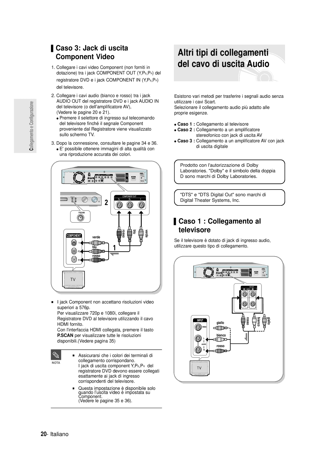 Samsung DVD-R125/XET manual Caso 3 Jack di uscita Component Video, Caso 1 Collegamento al televisore 