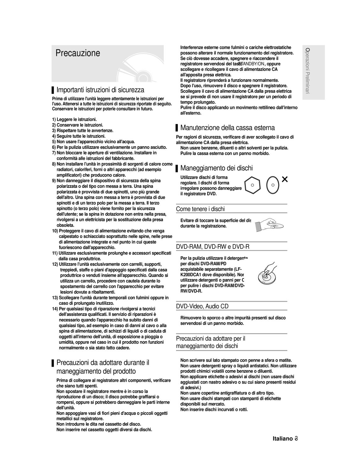 Samsung DVD-R125/XET manual Precauzione, Importanti istruzioni di sicurezza, Manutenzione della cassa esterna 