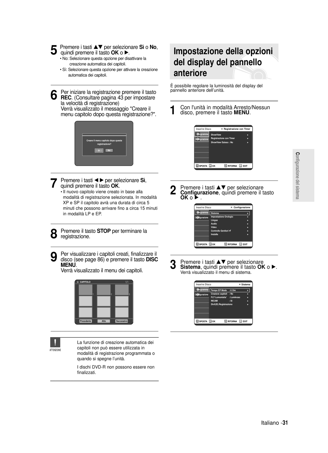 Samsung DVD-R125/XET manual La funzione di creazione automatica dei, Dischi DVD-R non possono essere non finalizzati 