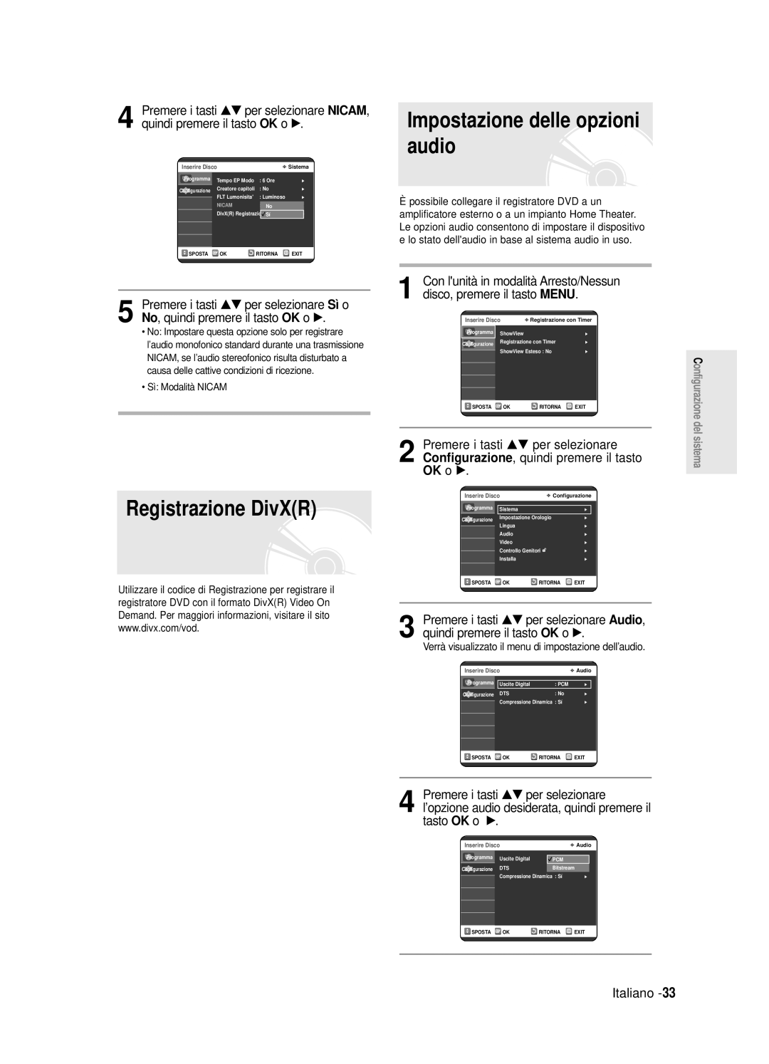 Samsung DVD-R125/XET Impostazione delle opzioni audio, Registrazione DivXR, ’opzione audio desiderata, quindi premere il 