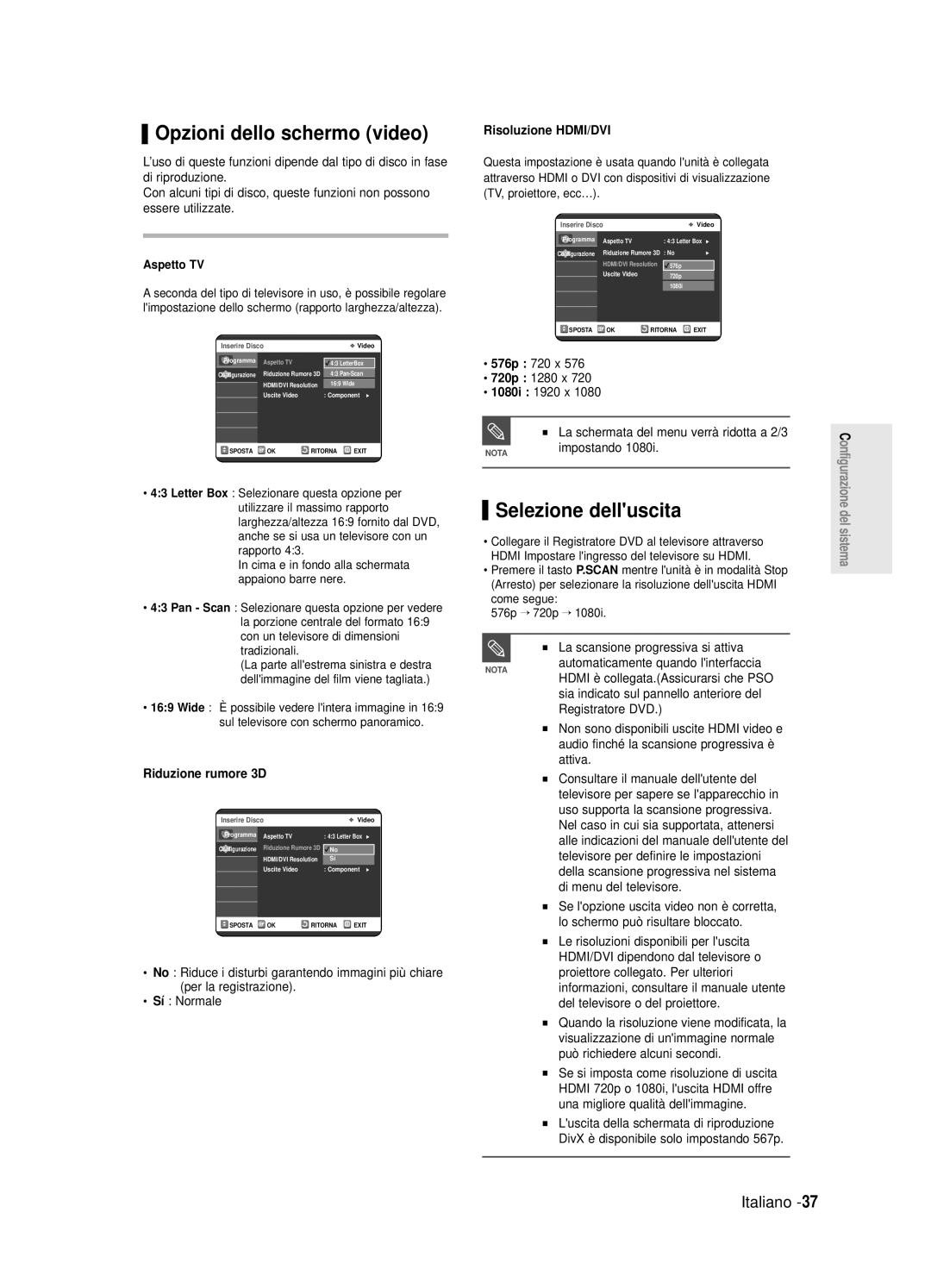 Samsung DVD-R125/XET manual Opzioni dello schermo video, Selezione delluscita, Risoluzione HDMI/DVI, Riduzione rumore 3D 