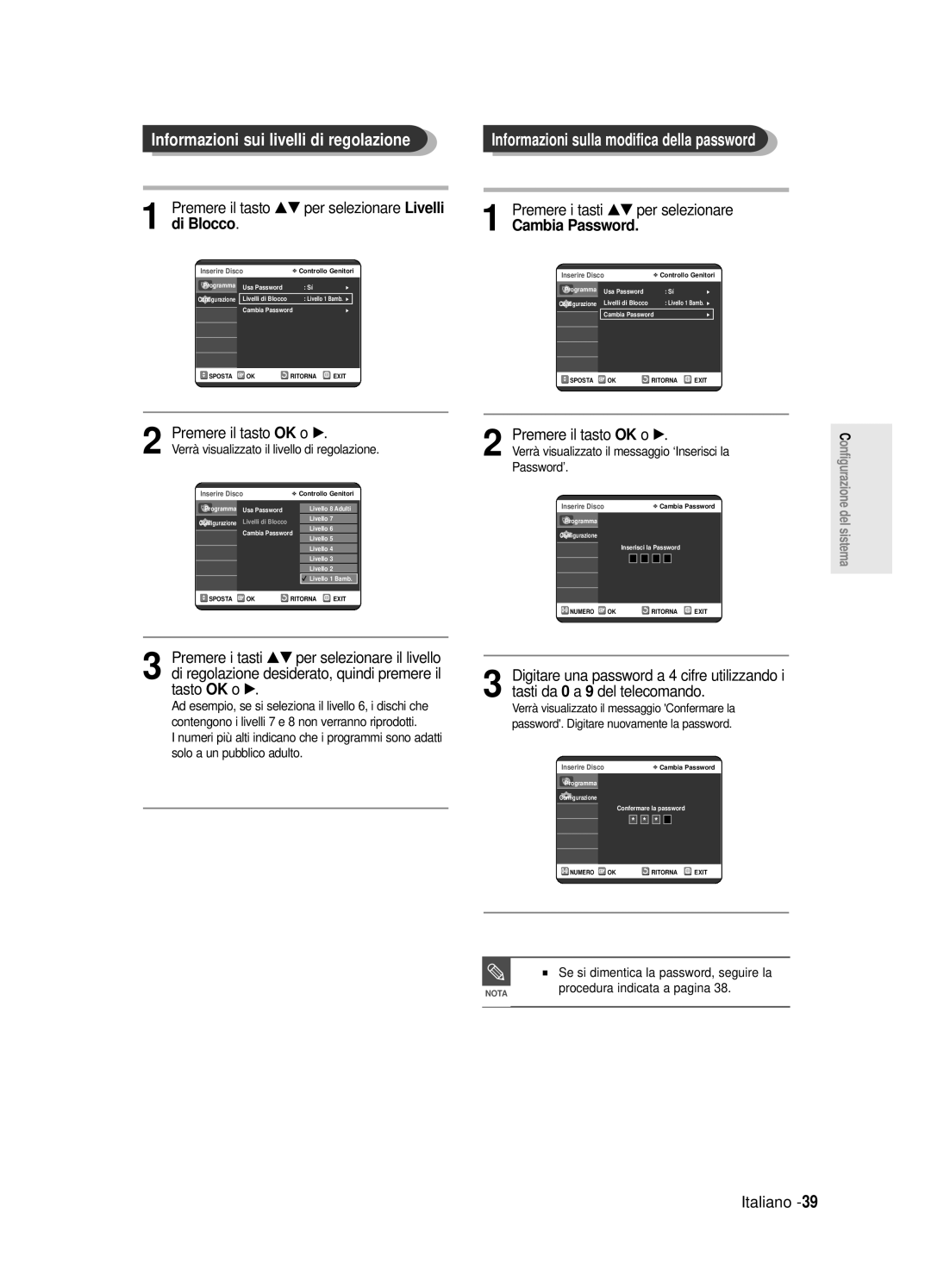 Samsung DVD-R125/XET manual Informazioni sui livelli di regolazione, Premere il tasto OK o √ 