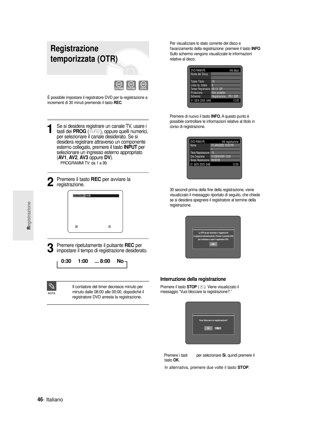 Samsung DVD-R125/XET manual Premere il tasto REC per avviare la registrazione, 030 100 .. No 