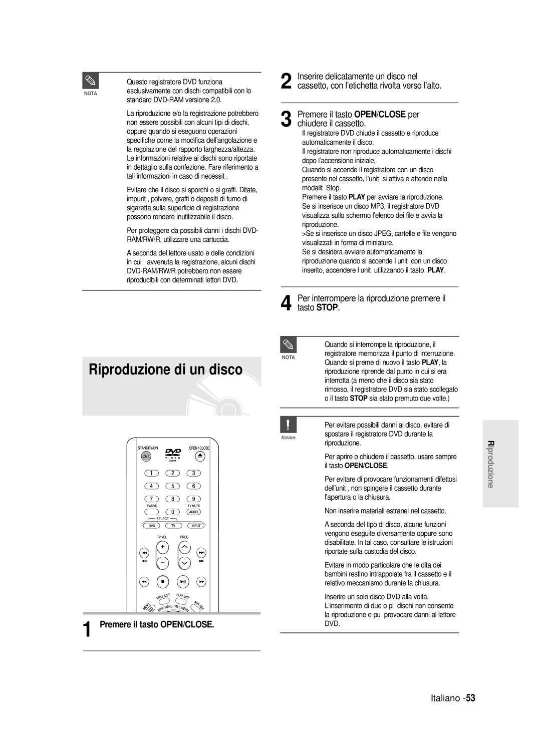 Samsung DVD-R125/XET manual Riproduzione di un disco, Per interrompere la riproduzione premere il tasto Stop 