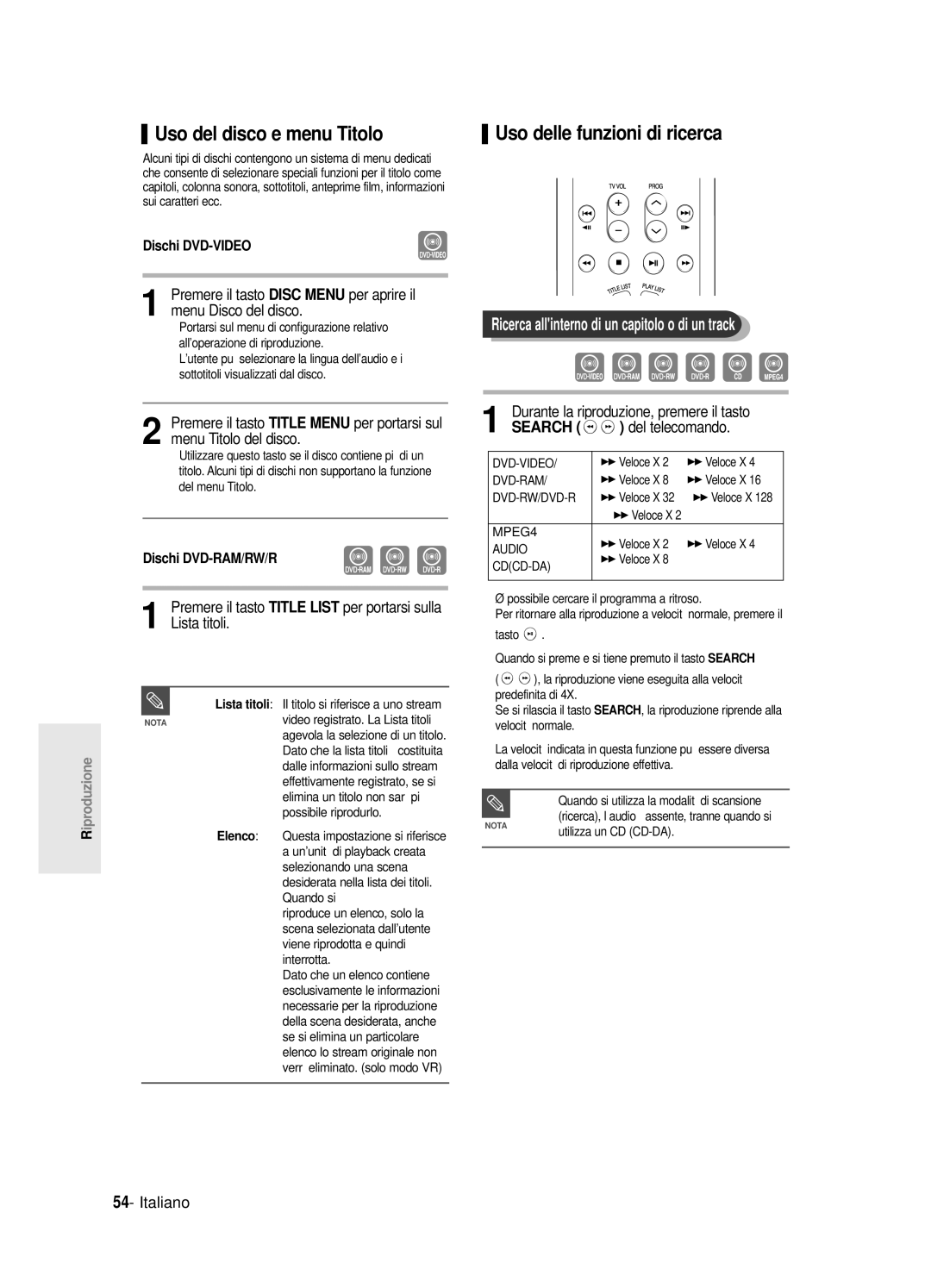 Samsung DVD-R125/XET manual Uso del disco e menu Titolo, Uso delle funzioni di ricerca, Lista titoli, Del telecomando 