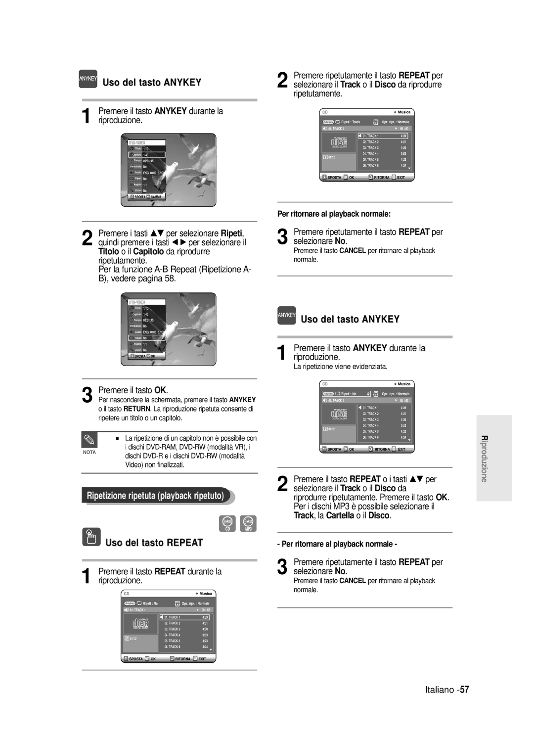 Samsung DVD-R125/XET manual Uso del tasto Anykey, Ripetizione ripetuta playback ripetuto 