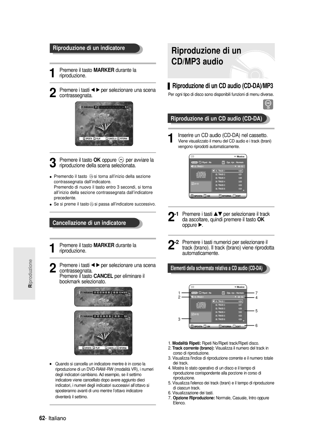 Samsung DVD-R125/XET manual Riproduzione di un CD/MP3 audio, Riproduzione di un indicatore, Cancellazione di un indicatore 