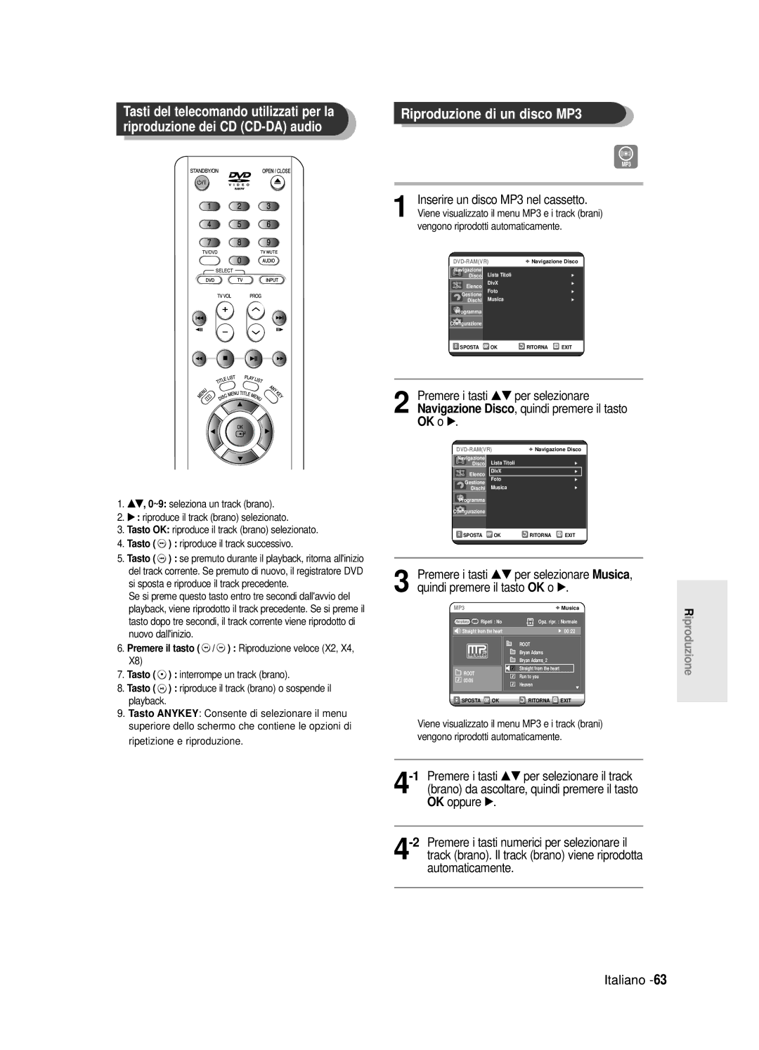 Samsung DVD-R125/XET Tasti del telecomando utilizzati per la, Riproduzione dei CD CD-DA audio, Ripetizione e riproduzione 