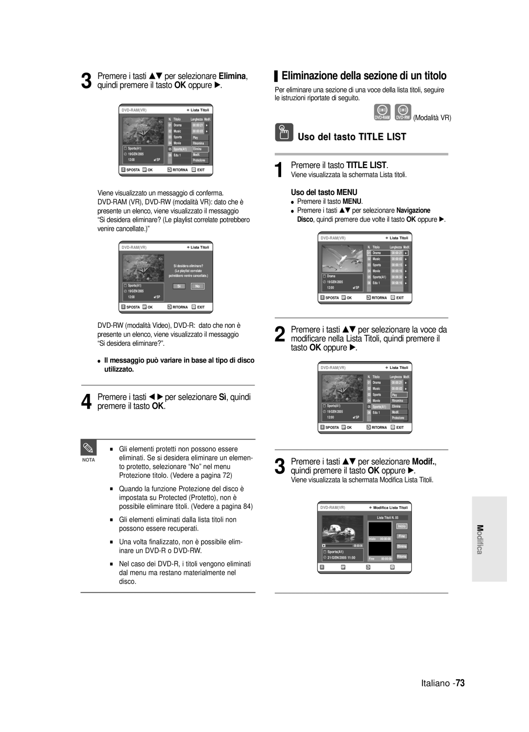 Samsung DVD-R125/XET manual Eliminazione della sezione di un titolo, Modalità VR, Gli elementi protetti non possono essere 