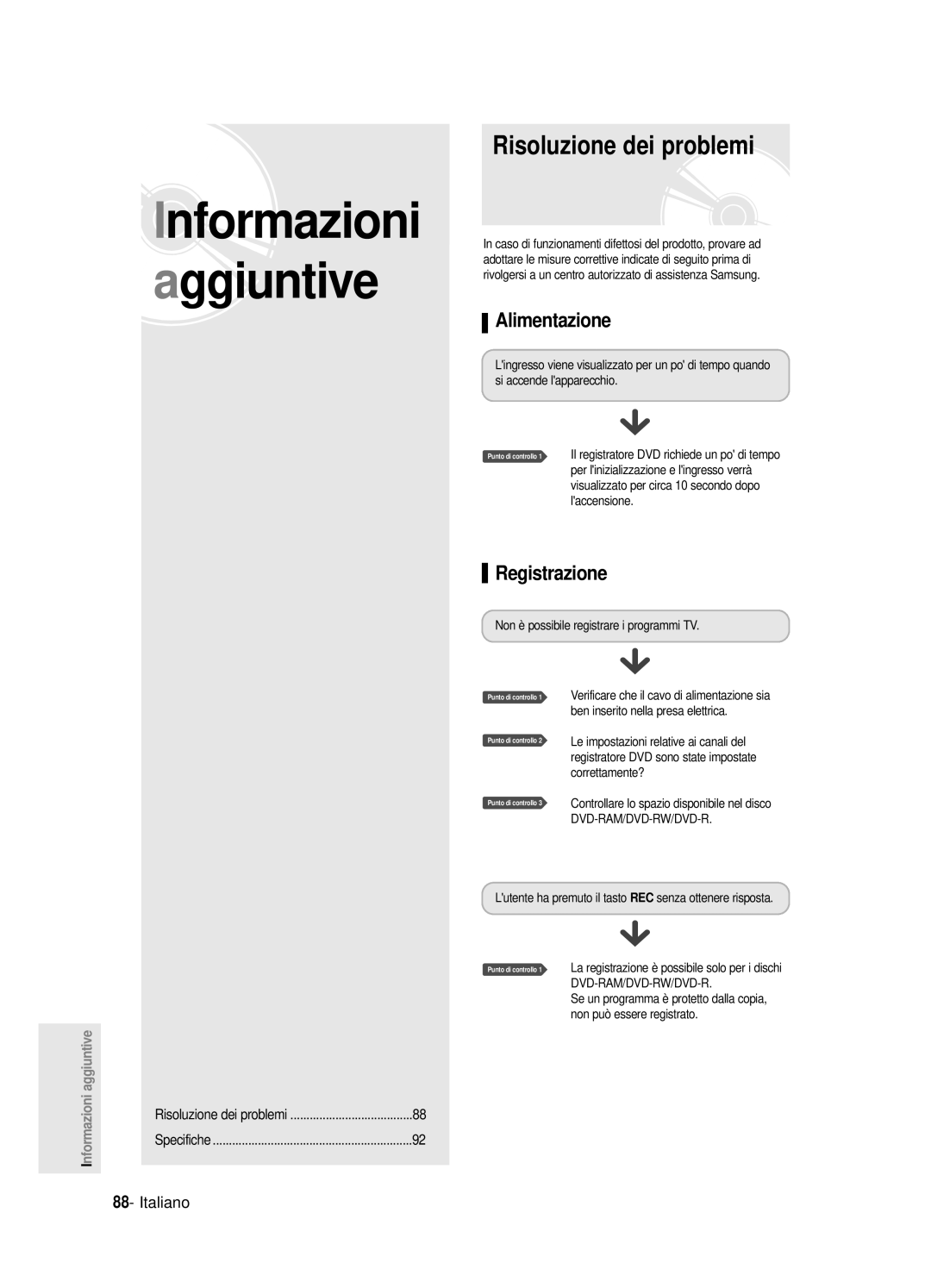 Samsung DVD-R125/XET manual Risoluzione dei problemi, Alimentazione, Registrazione 