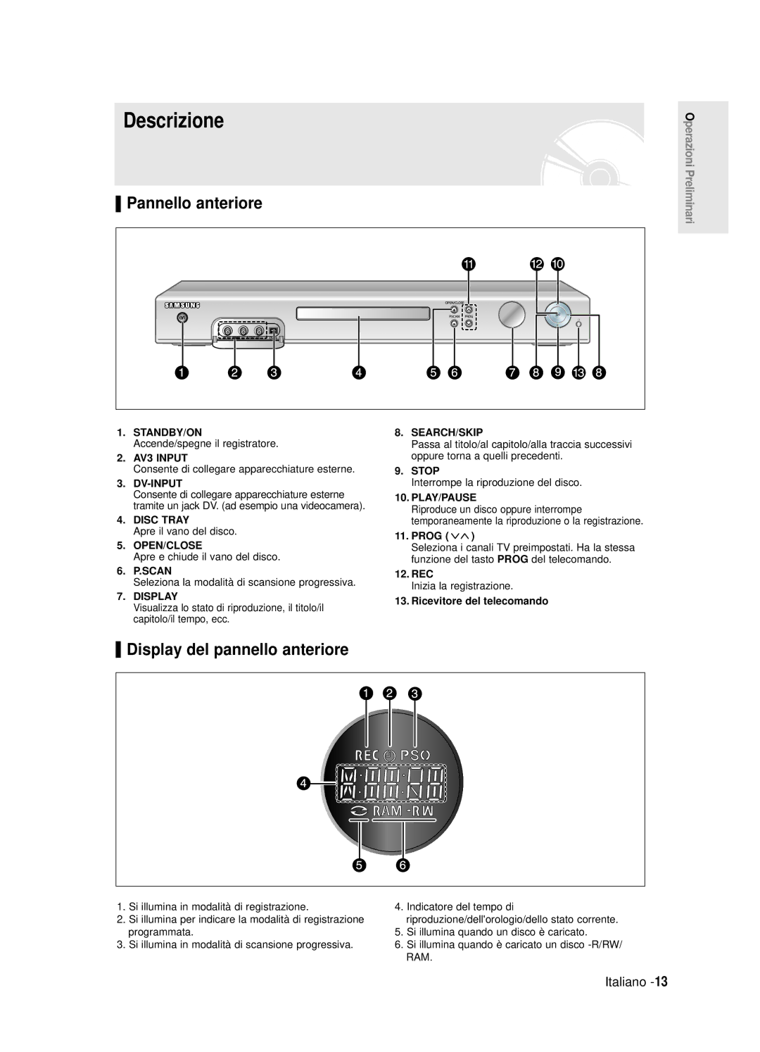 Samsung DVD-R125/XET manual Descrizione, Pannello anteriore, Display del pannello anteriore 