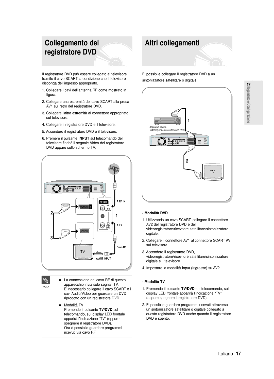 Samsung DVD-R125/XET manual Collegamento del, Registratore DVD, Modalità DVD, Modalità TV 