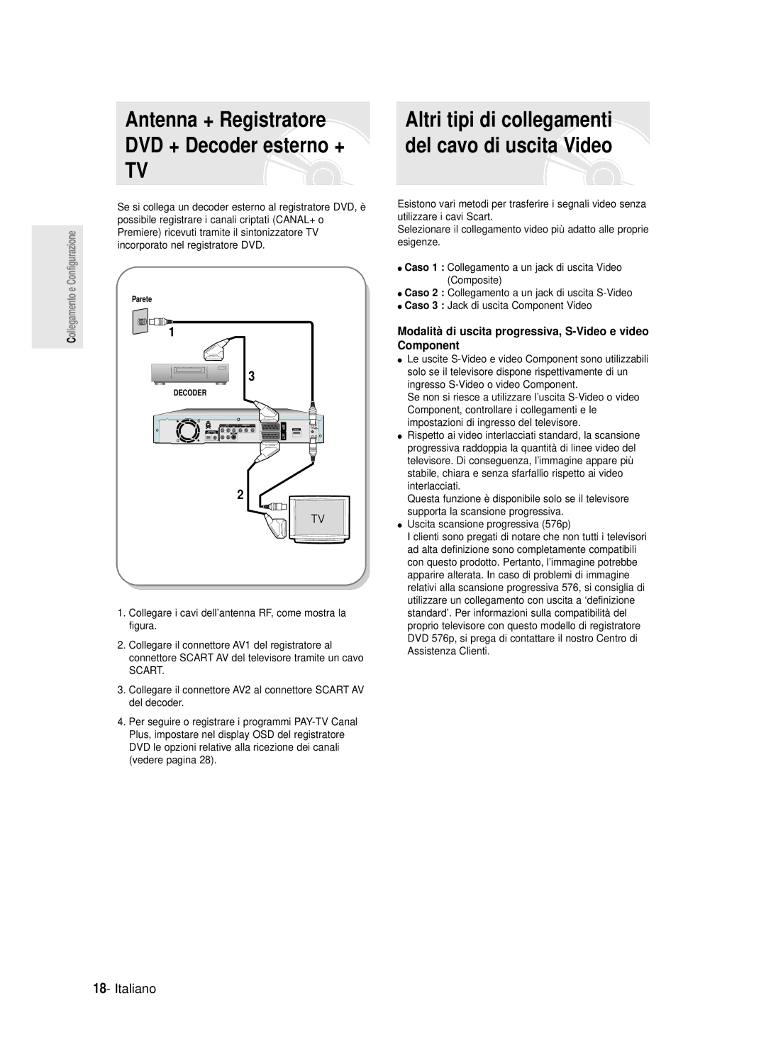 Samsung DVD-R125/XET manual Modalità di uscita progressiva, S-Video e video Component 