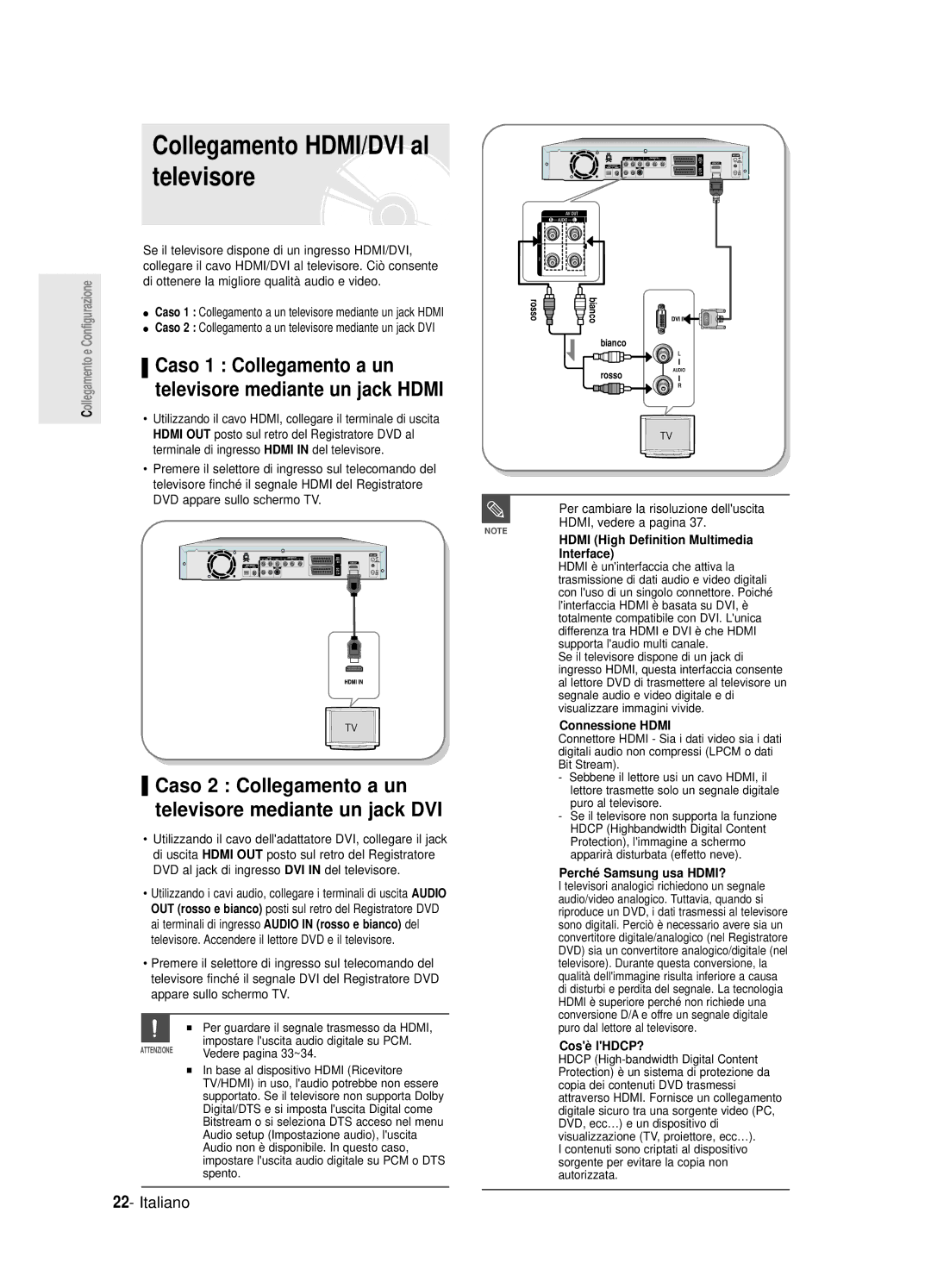 Samsung DVD-R125/XET manual Caso 1 Collegamento a un, Televisore mediante un jack Hdmi 