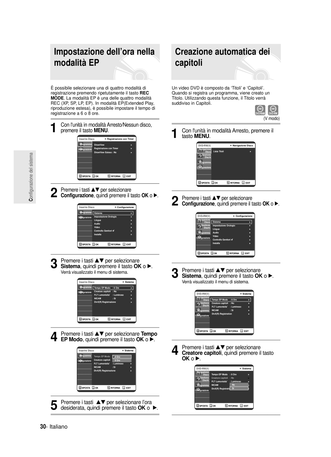 Samsung DVD-R125/XET manual Impostazione dell’ora nella, Modalità EP Capitoli, Premere il tasto Menu, OK o √ 