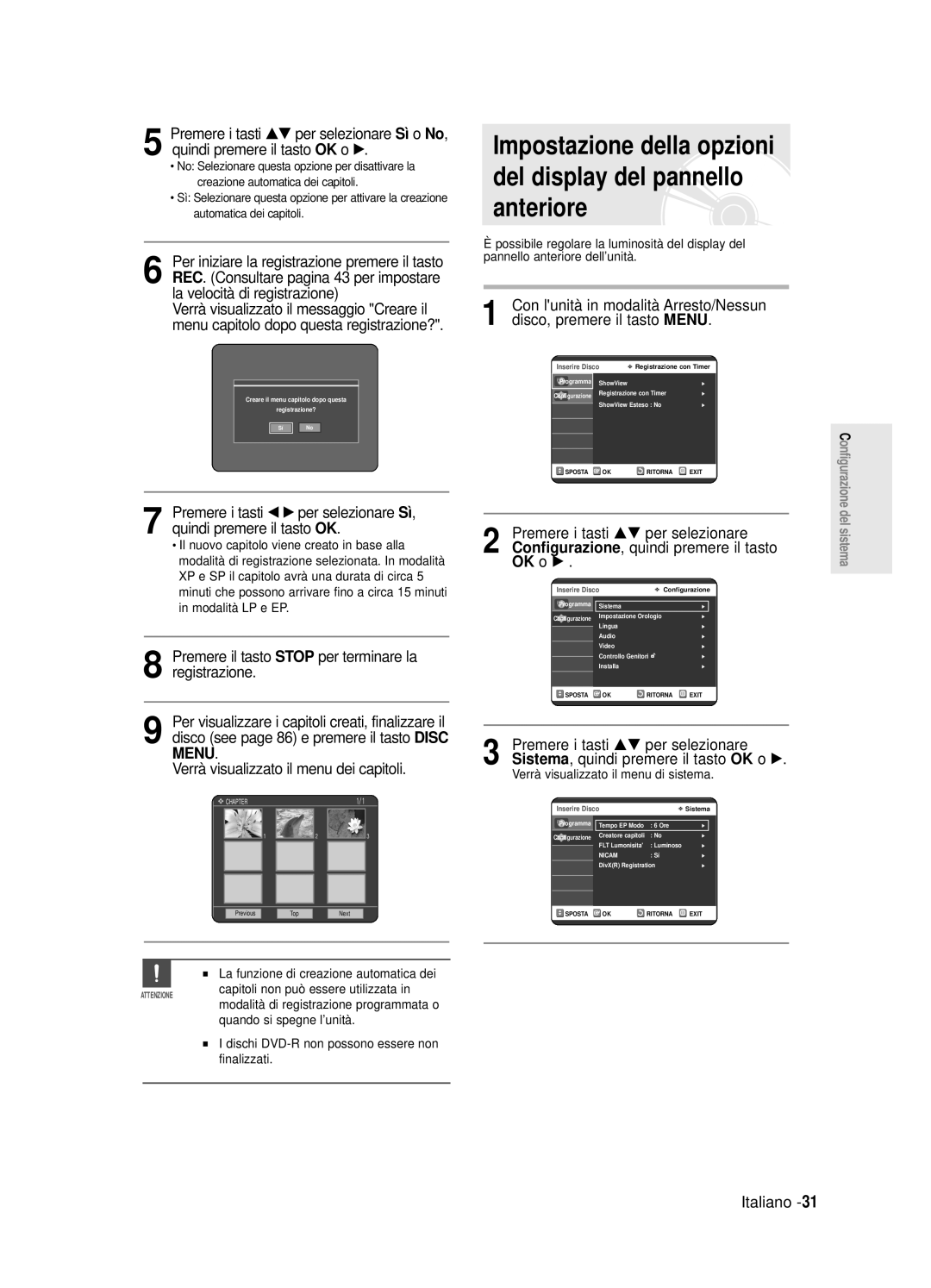 Samsung DVD-R125/XET manual La funzione di creazione automatica dei, Dischi DVD-R non possono essere non finalizzati 