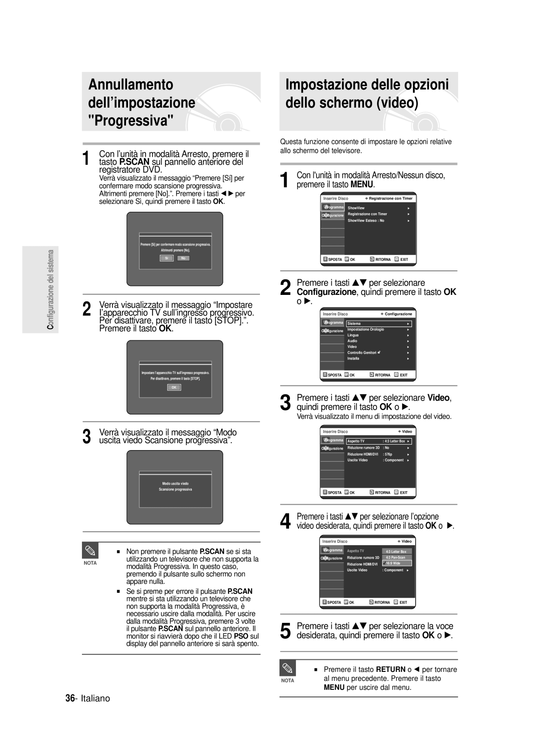 Samsung DVD-R125/XET manual Non premere il pulsante P.SCAN se si sta, Al menu precedente. Premere il tasto 