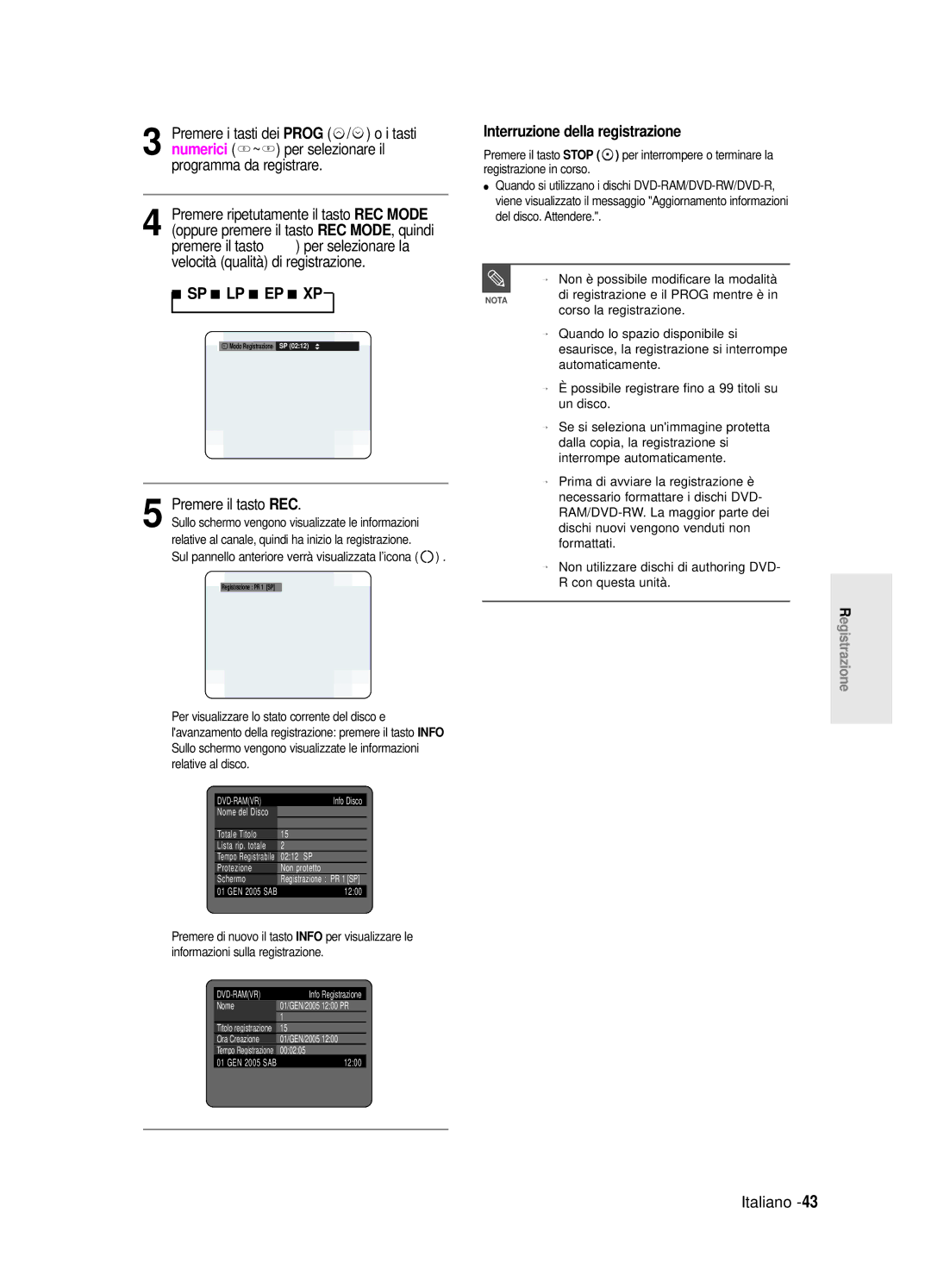 Samsung DVD-R125/XET manual Sp Lp Ep Xp, Premere il tasto REC, Interruzione della registrazione 