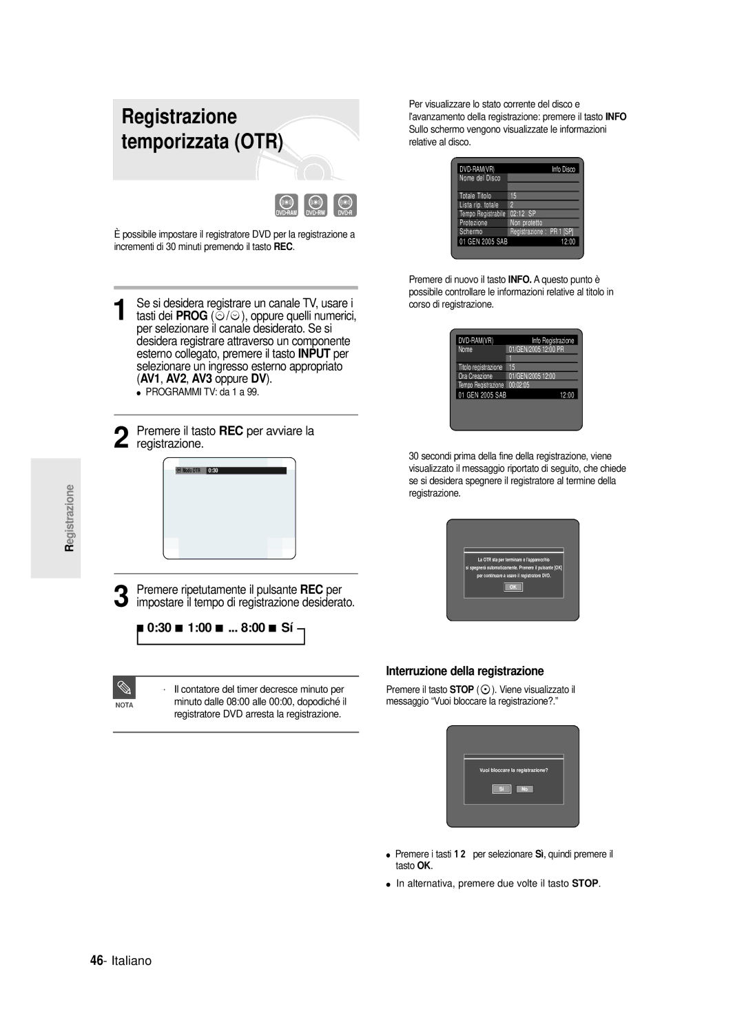 Samsung DVD-R125/XET manual Premere il tasto REC per avviare la registrazione, 030 100 .. Sí 