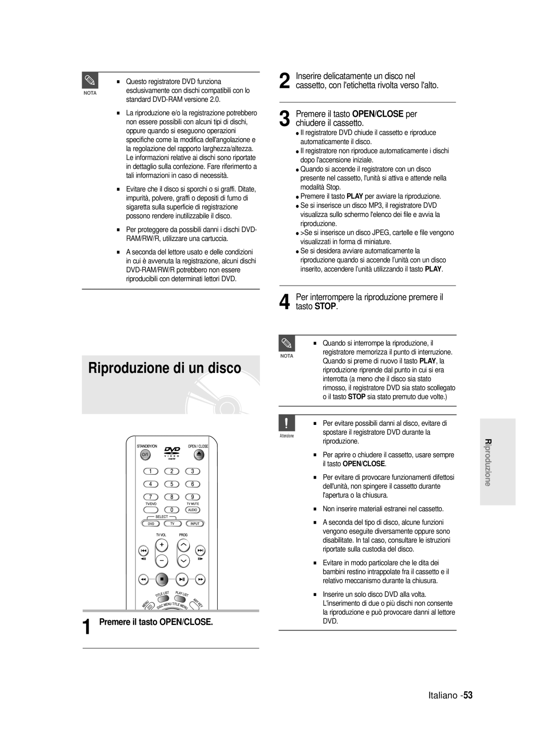 Samsung DVD-R125/XET manual Riproduzione di un disco, Per interrompere la riproduzione premere il tasto Stop 