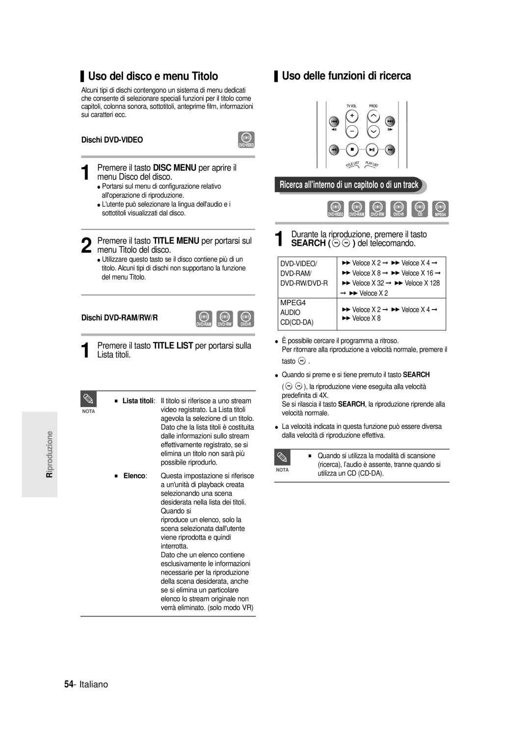 Samsung DVD-R125/XET manual Uso del disco e menu Titolo, Uso delle funzioni di ricerca, Lista titoli, Del telecomando 