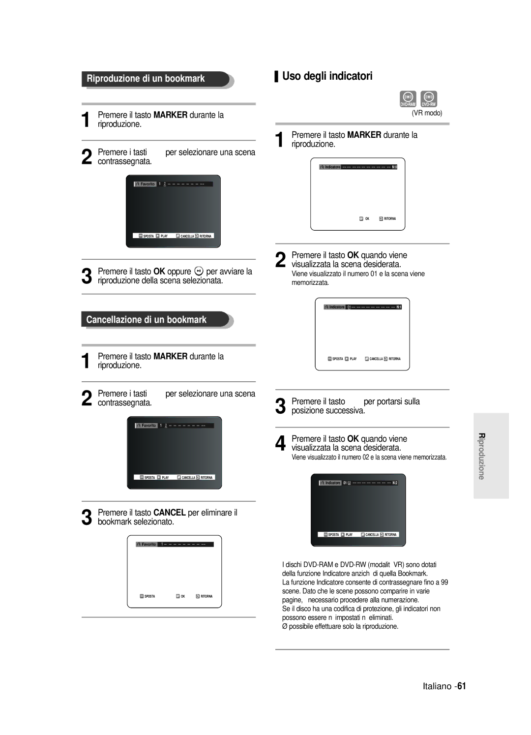 Samsung DVD-R125/XET manual Riproduzione di un bookmark Uso degli indicatori, Cancellazione di un bookmark 