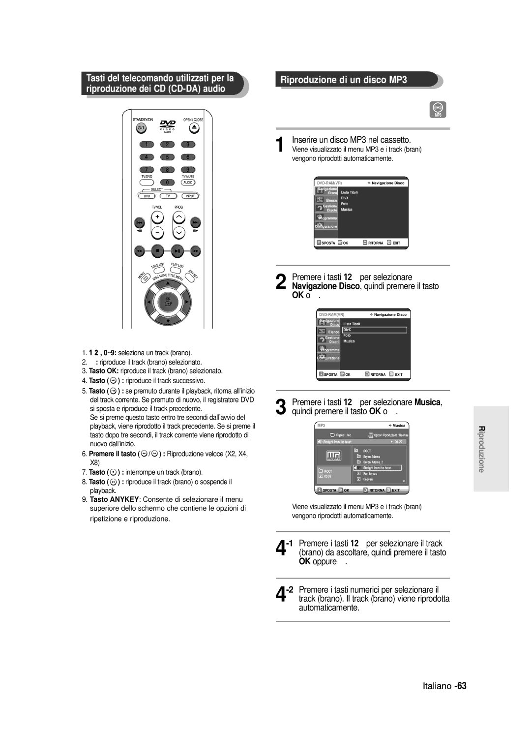 Samsung DVD-R125/XET Tasti del telecomando utilizzati per la, Riproduzione dei CD CD-DA audio, Ripetizione e riproduzione 