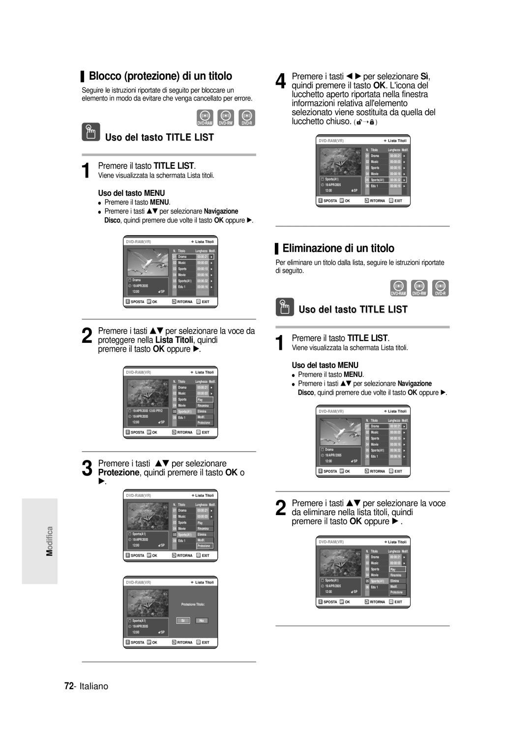 Samsung DVD-R125/XET manual Blocco protezione di un titolo, Eliminazione di un titolo 