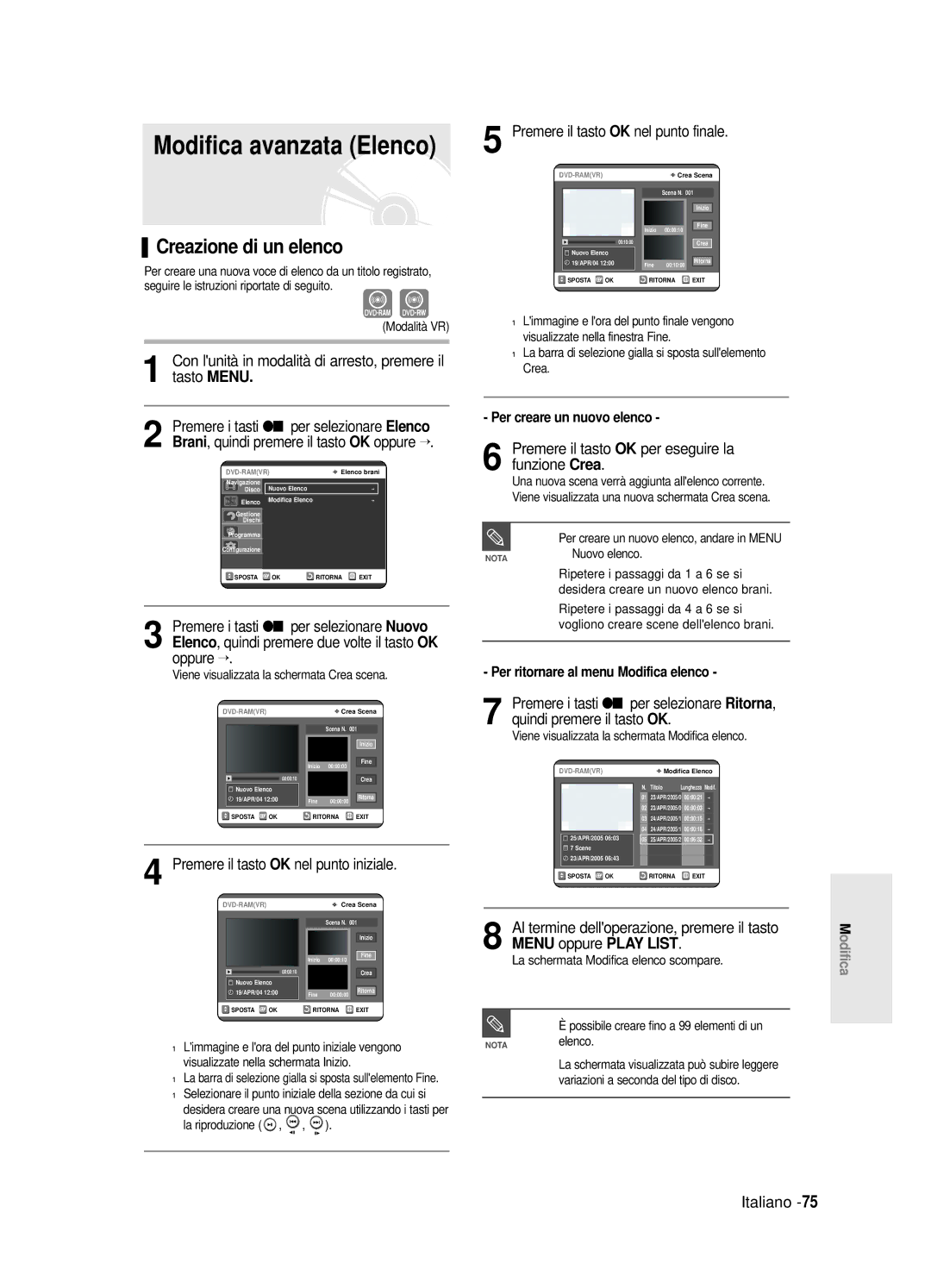 Samsung DVD-R125/XET manual Creazione di un elenco, Con lunità in modalità di arresto, premere il tasto Menu 