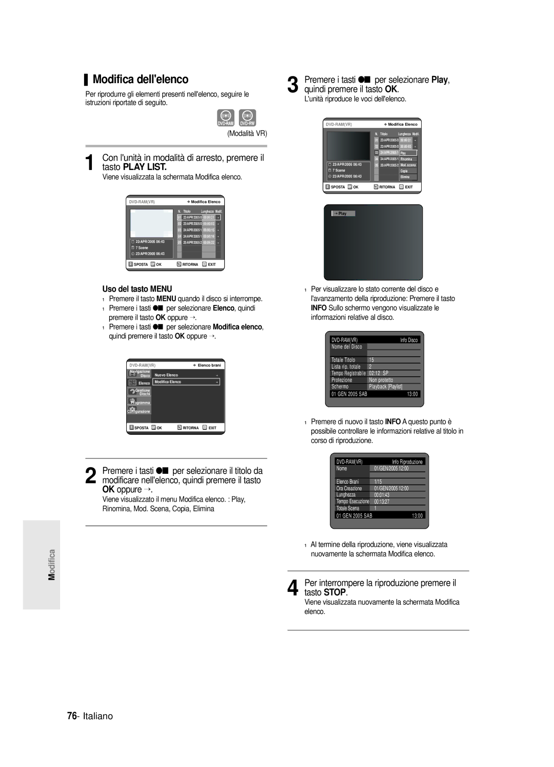 Samsung DVD-R125/XET manual Modifica dellelenco, Lunità riproduce le voci dellelenco Modalità VR 