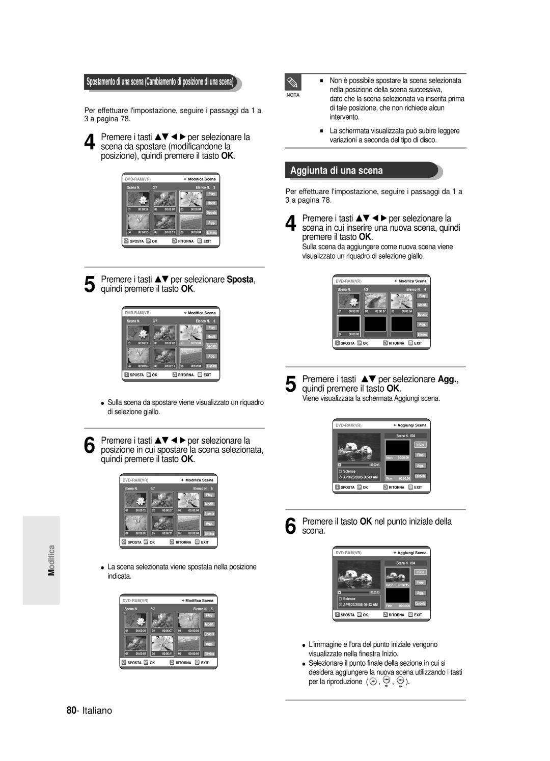 Samsung DVD-R125/XET manual Aggiunta di una scena, Posizione in cui spostare la scena selezionata 