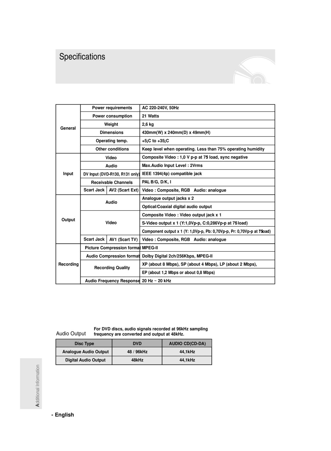 Samsung DVD-R129/XEB, DVD-R128/XEG, DVD-R129/XEG, DVD-R128/XEB, DVD-R129/EUR, DVD-R129/XEH, DVD-R128/EUR manual Specifications 