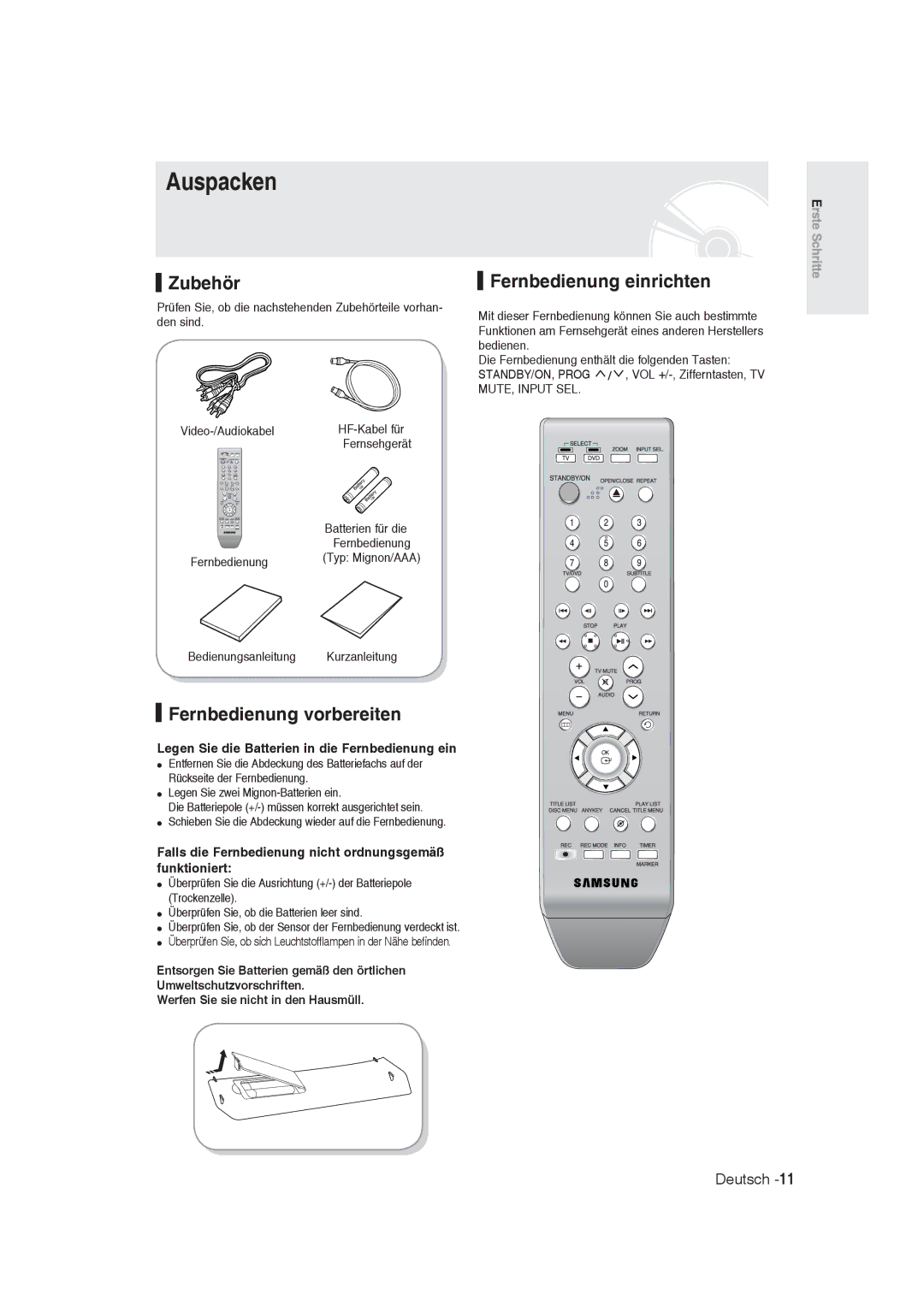 Samsung DVD-R128/XEB, DVD-R128/XET, DVD-R128/XEG Auspacken, Zubehör, Fernbedienung vorbereiten, Fernbedienung einrichten 