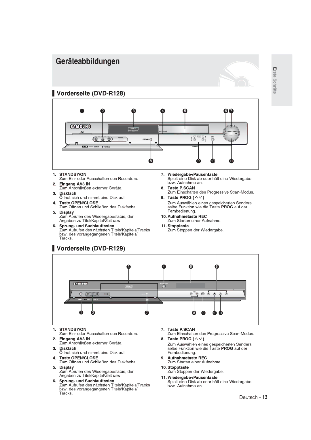 Samsung DVD-R128/XEG, DVD-R128/XET, DVD-R129/XEG, DVD-R129/XEB Geräteabbildungen, Vorderseite DVD-R128, Vorderseite DVD-R129 