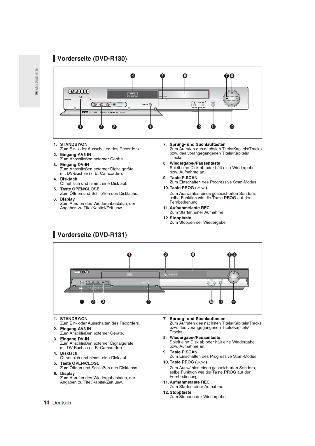Samsung DVD-R129/XEG, DVD-R128/XET, DVD-R128/XEG, DVD-R129/XEB Vorderseite DVD-R130, Vorderseite DVD-R131, Eingang DV-IN 