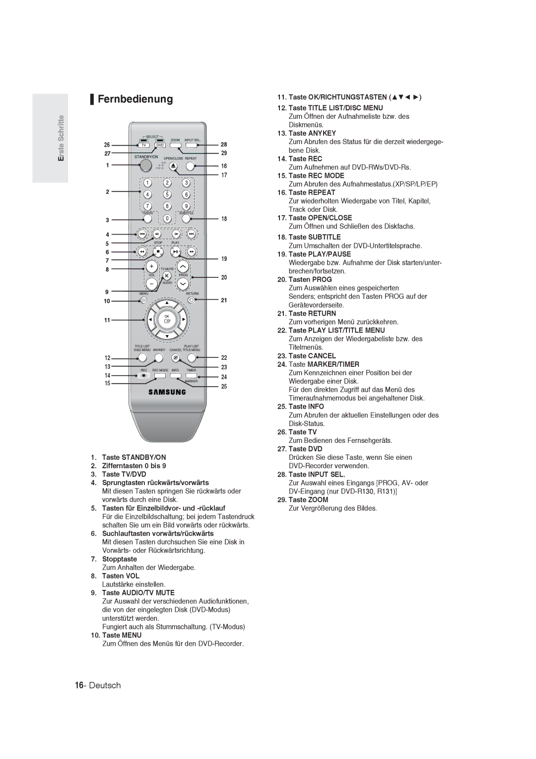 Samsung DVD-R130/XEG, DVD-R128/XET, DVD-R128/XEG, DVD-R129/XEG, DVD-R129/XEB, DVD-R128/XEB manual Fernbedienung 