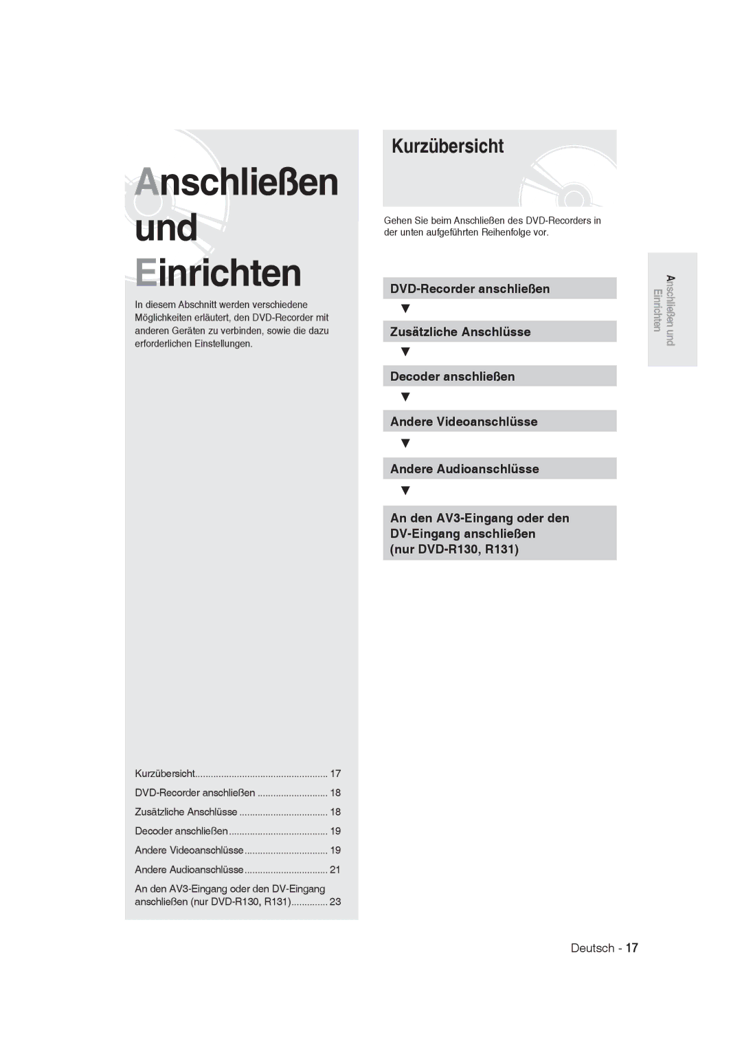 Samsung DVD-R128/XEB, DVD-R128/XET, DVD-R128/XEG, DVD-R129/XEG, DVD-R129/XEB Kurzübersicht, Anschließen nur DVD-R130, R131 