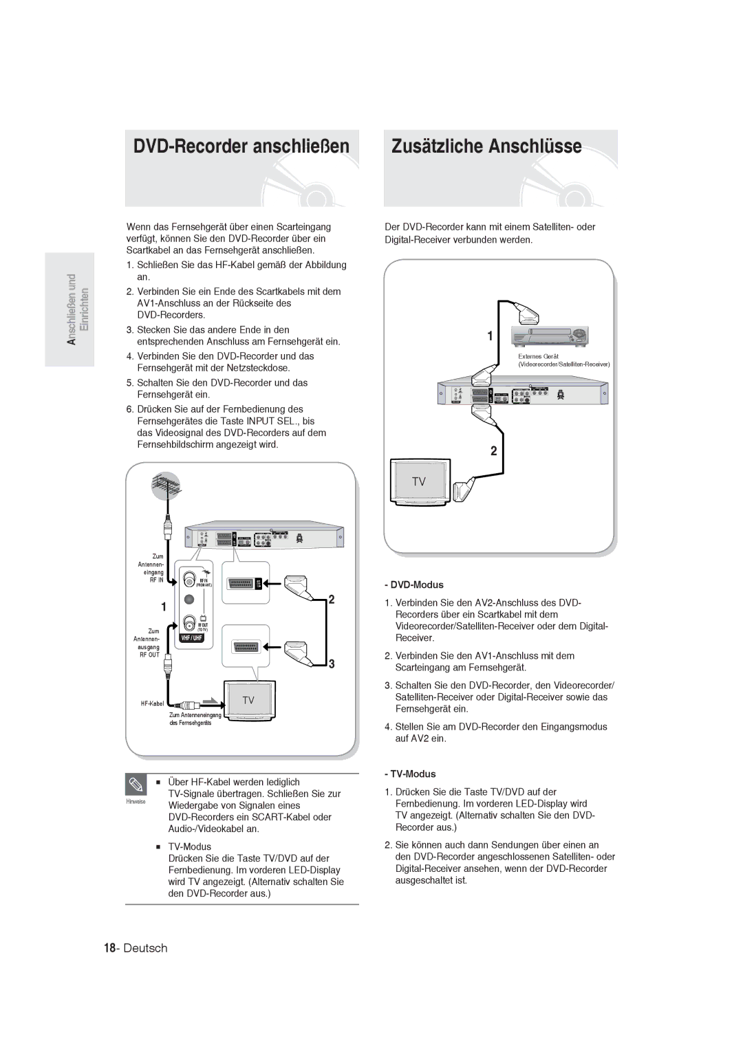 Samsung DVD-R128/XET, DVD-R128/XEG, DVD-R129/XEG, DVD-R129/XEB, DVD-R130/XEG manual Zusätzliche Anschlüsse, DVD-Modus, TV-Modus 