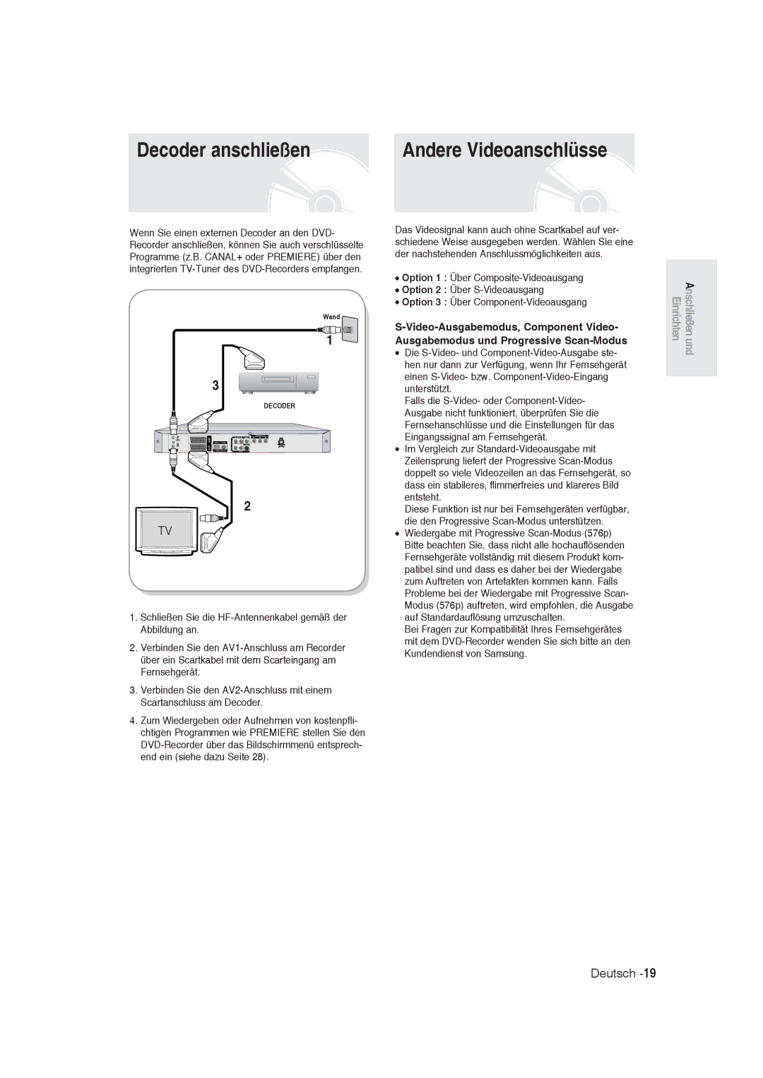 Samsung DVD-R128/XEG, DVD-R128/XET, DVD-R129/XEG, DVD-R129/XEB, DVD-R130/XEG manual Decoder anschließen, Andere Videoanschlüsse 