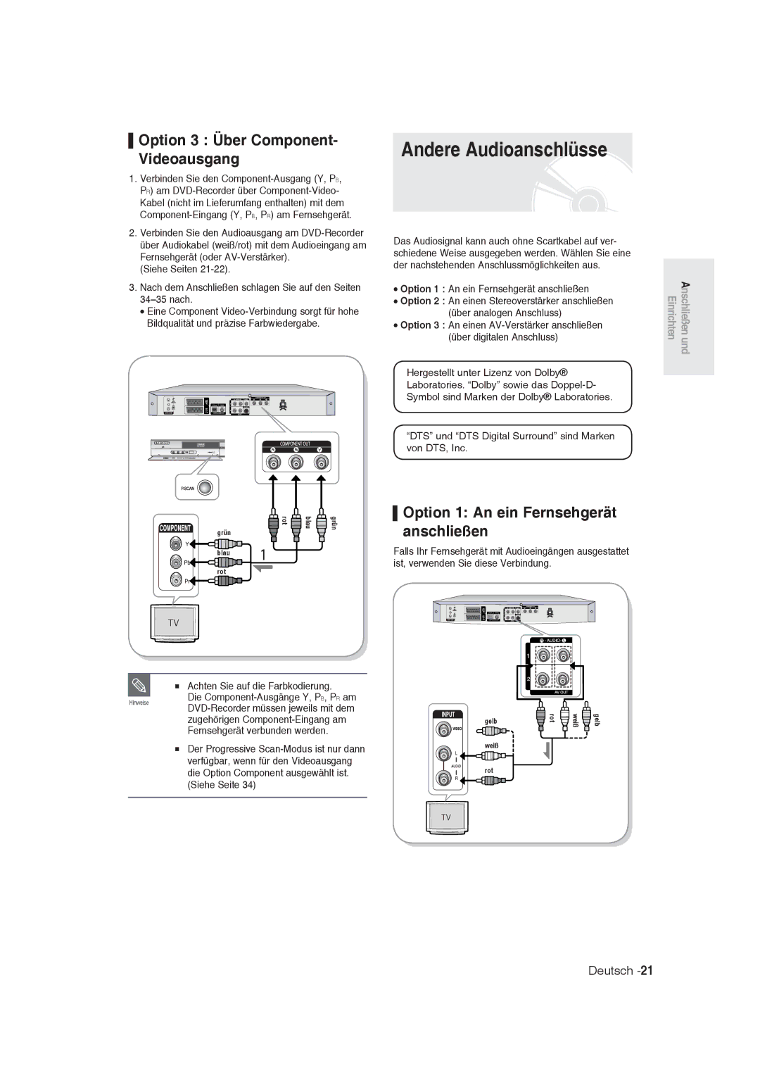 Samsung DVD-R129/XEB, DVD-R128/XET, DVD-R128/XEG, DVD-R129/XEG Andere Audioanschlüsse, Option 3 Über Component- Videoausgang 