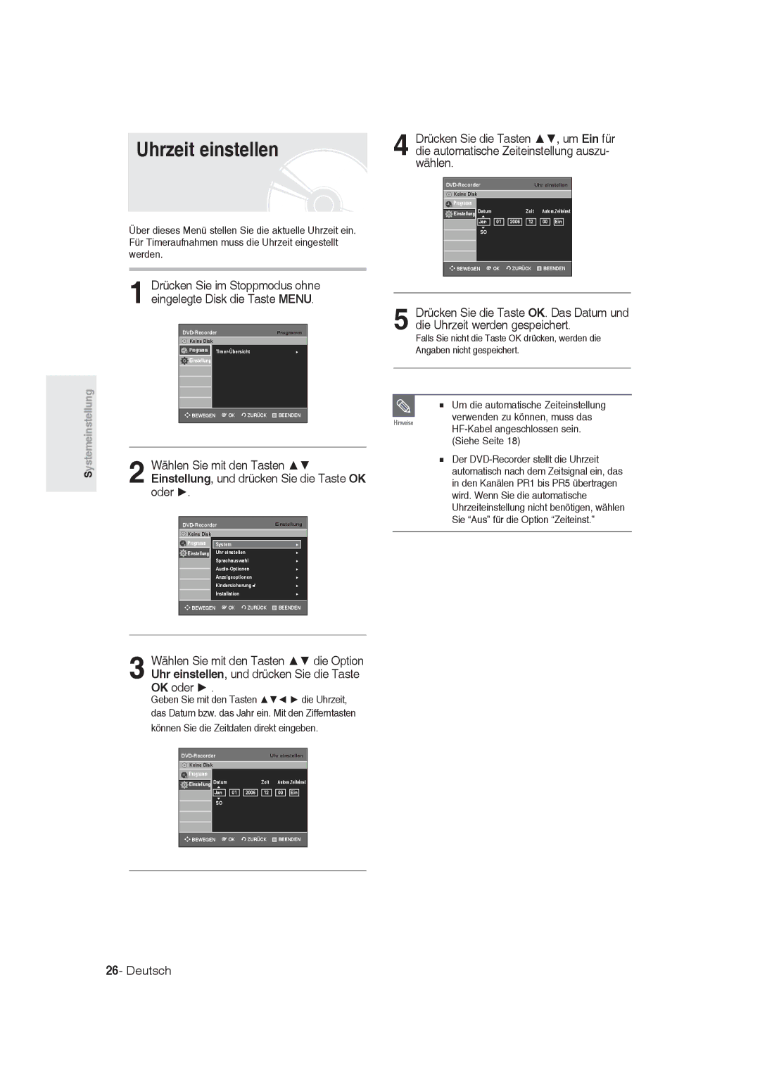 Samsung DVD-R129/XEG, DVD-R128/XET, DVD-R128/XEG, DVD-R129/XEB, DVD-R130/XEG manual Uhrzeit einstellen, DVD-RecorderEinstellung 