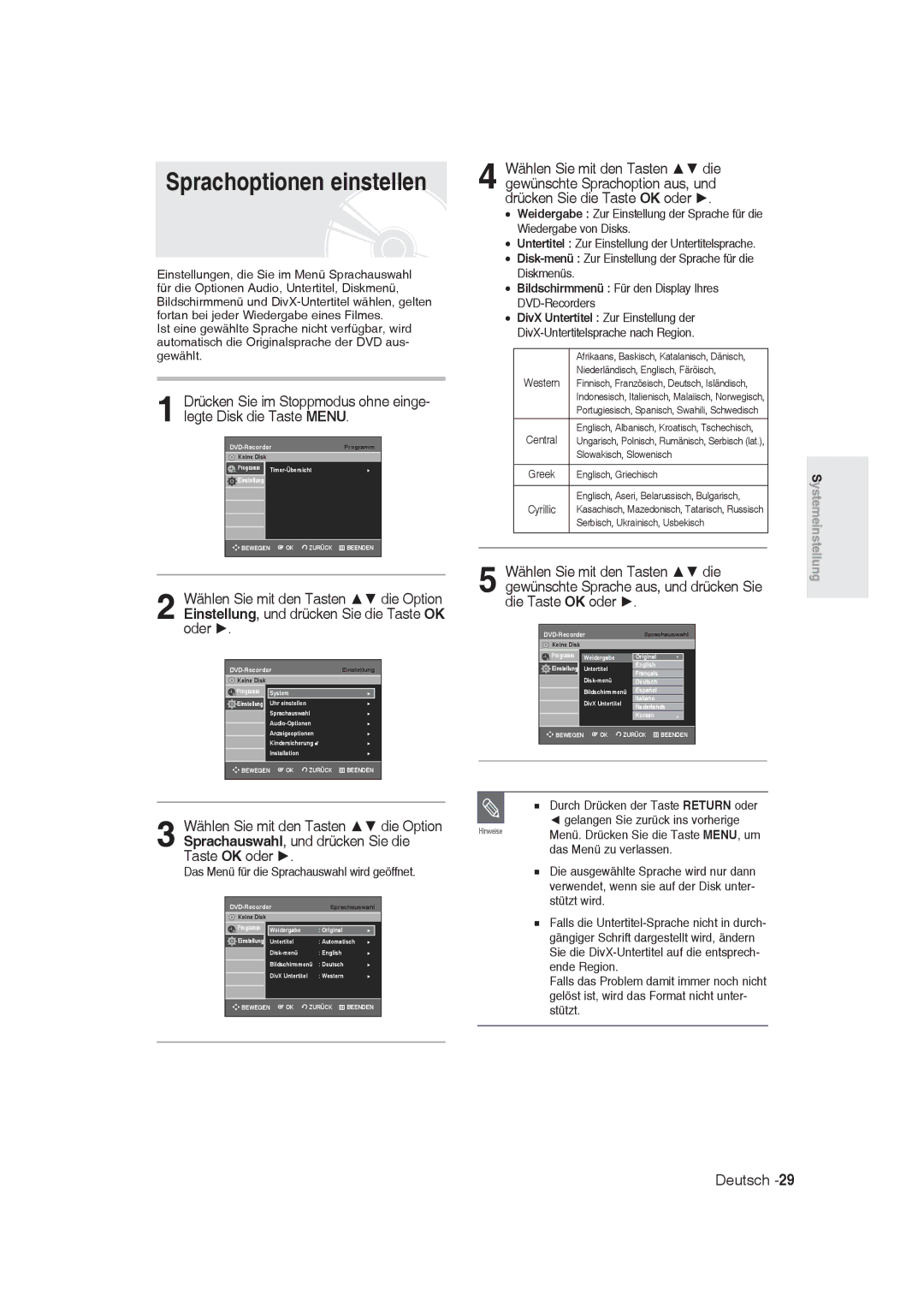 Samsung DVD-R128/XEB, DVD-R128/XET manual Sprachoptionen einstellen, Bildschirmmenü Für den Display Ihres DVD-Recorders 