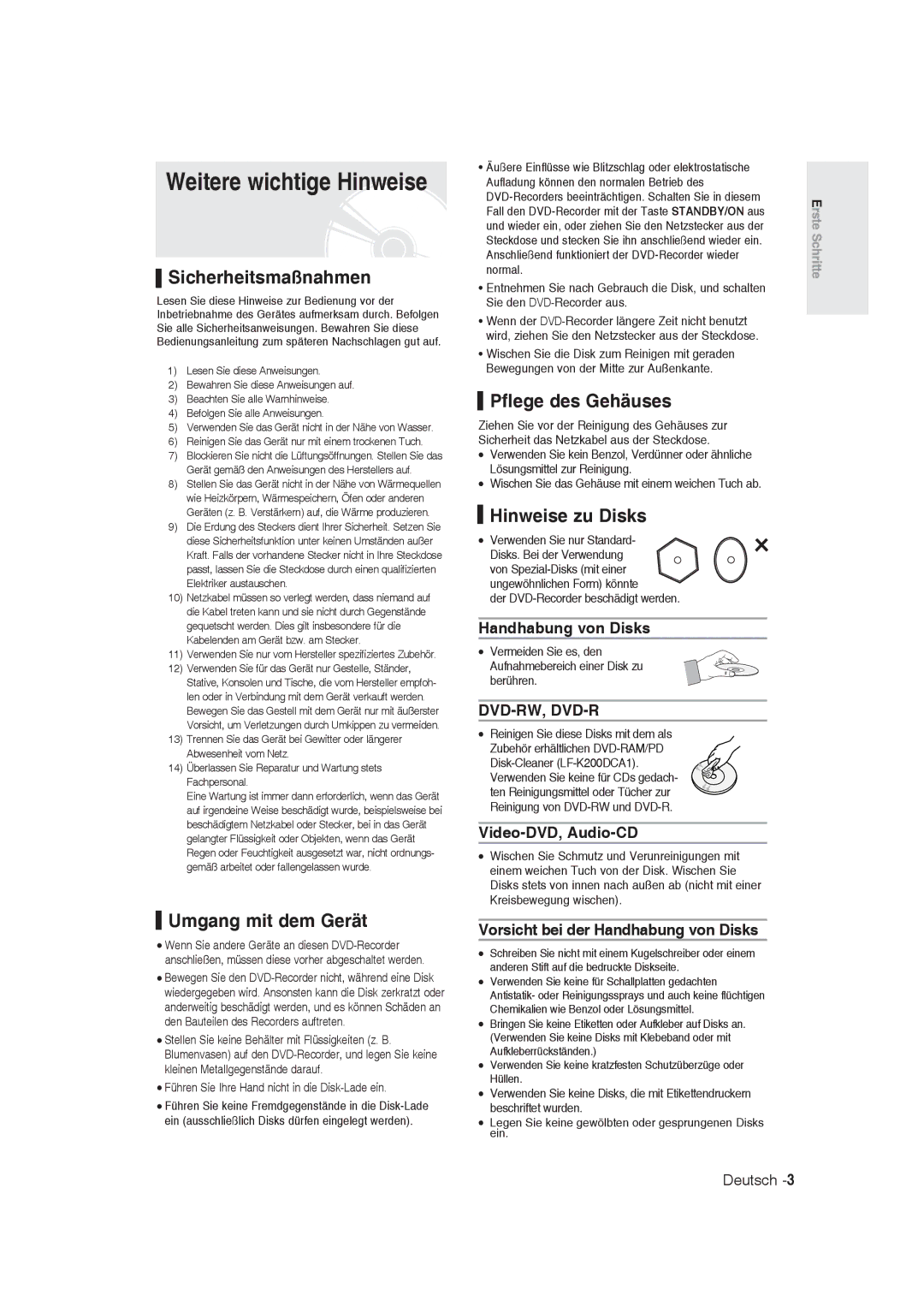 Samsung DVD-R129/XEB manual Weitere wichtige Hinweise, Sicherheitsmaßnahmen, Umgang mit dem Gerät, Pflege des Gehäuses 