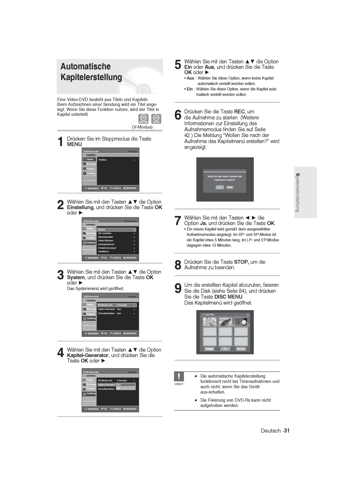 Samsung DVD-R128/XEG, DVD-R128/XET, DVD-R129/XEG VAutomatische Kapitelerstellung, Drücken Sie im Stoppmodus die Taste Menu 