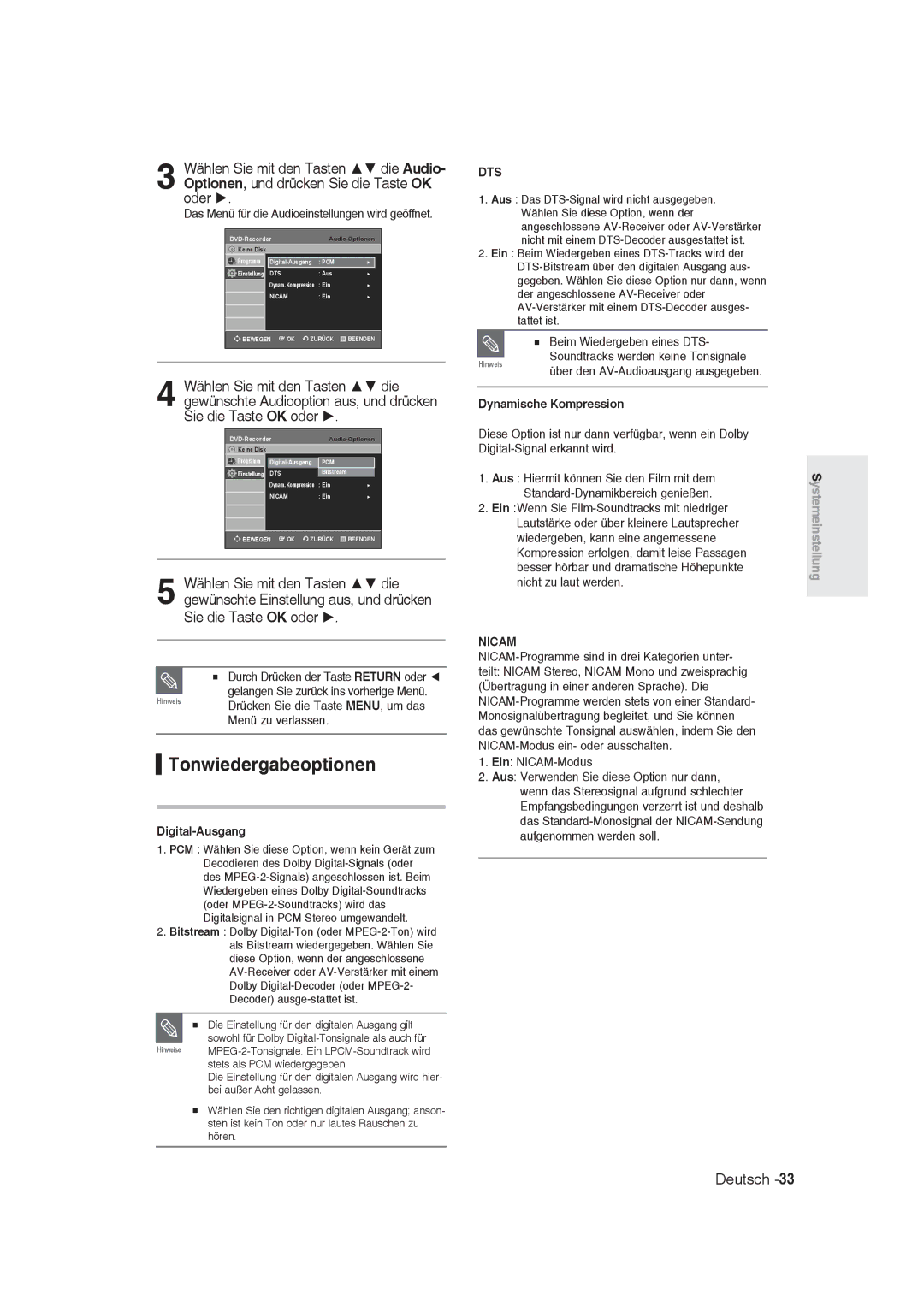 Samsung DVD-R129/XEB, DVD-R128/XET Tonwiedergabeoptionen, Sie die Taste OK oder, Digital-Ausgang, Dynamische Kompression 