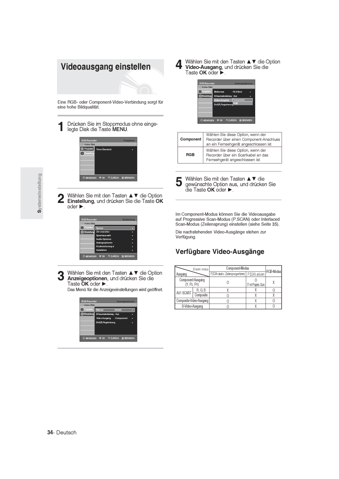 Samsung DVD-R130/XEG, DVD-R128/XET, DVD-R128/XEG manual Videoausgang einstellen, Verfügbare Video-Ausgänge, Component-Modus 