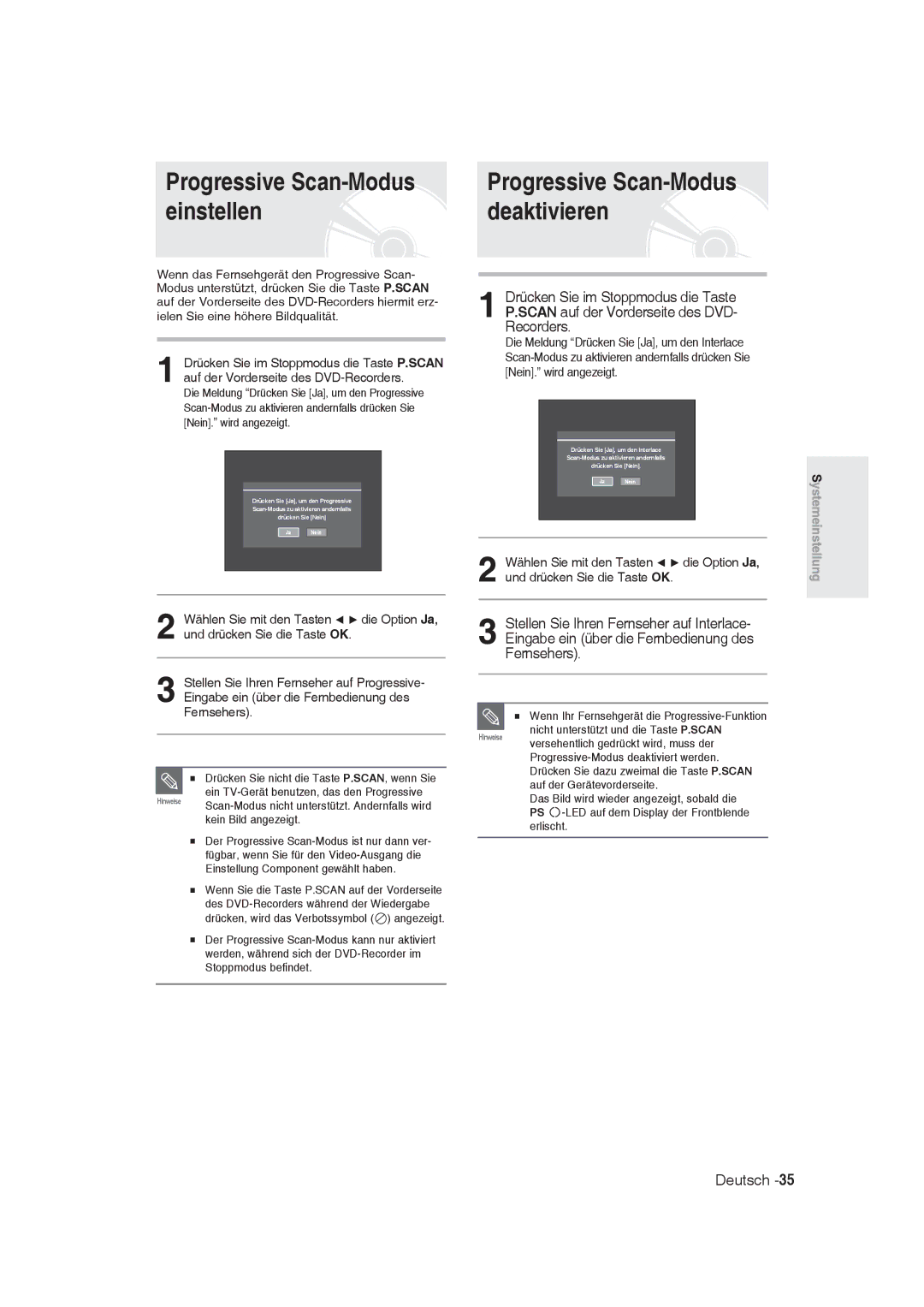 Samsung DVD-R128/XEB, DVD-R128/XET, DVD-R128/XEG, DVD-R129/XEG, DVD-R129/XEB, DVD-R130/XEG Progressive Scan-Modus einstellen 