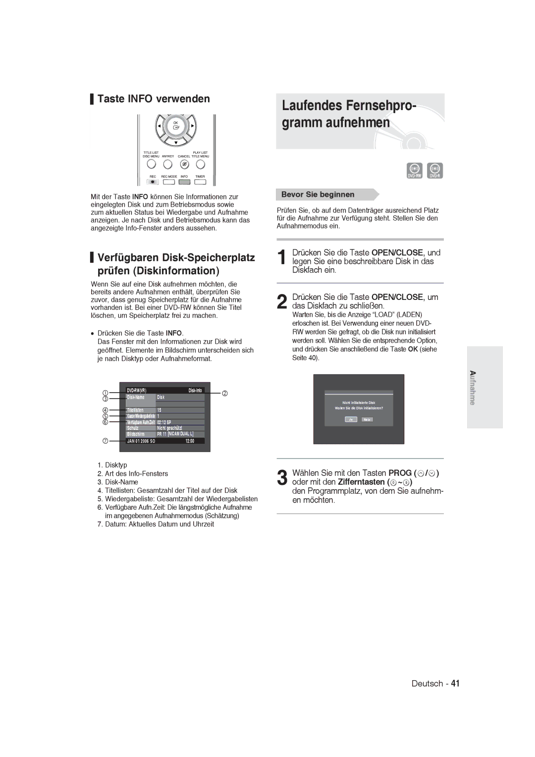 Samsung DVD-R128/XEB manual Gramm aufnehmen, Taste Info verwenden, Den Programmplatz, von dem Sie aufnehm- en möchten 